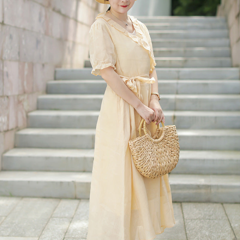 Women Retro Elegant Linen Summer Dress