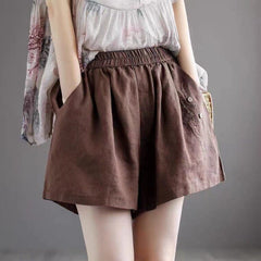 Women Retro Embroidery Linen Loose Summer Shorts