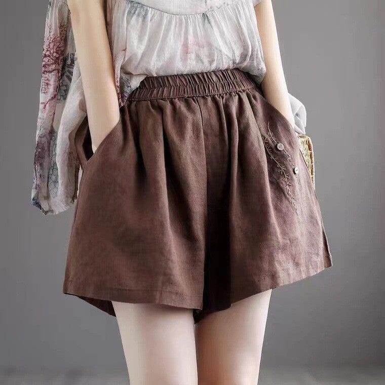 Women Retro Embroidery Linen Loose Summer Shorts