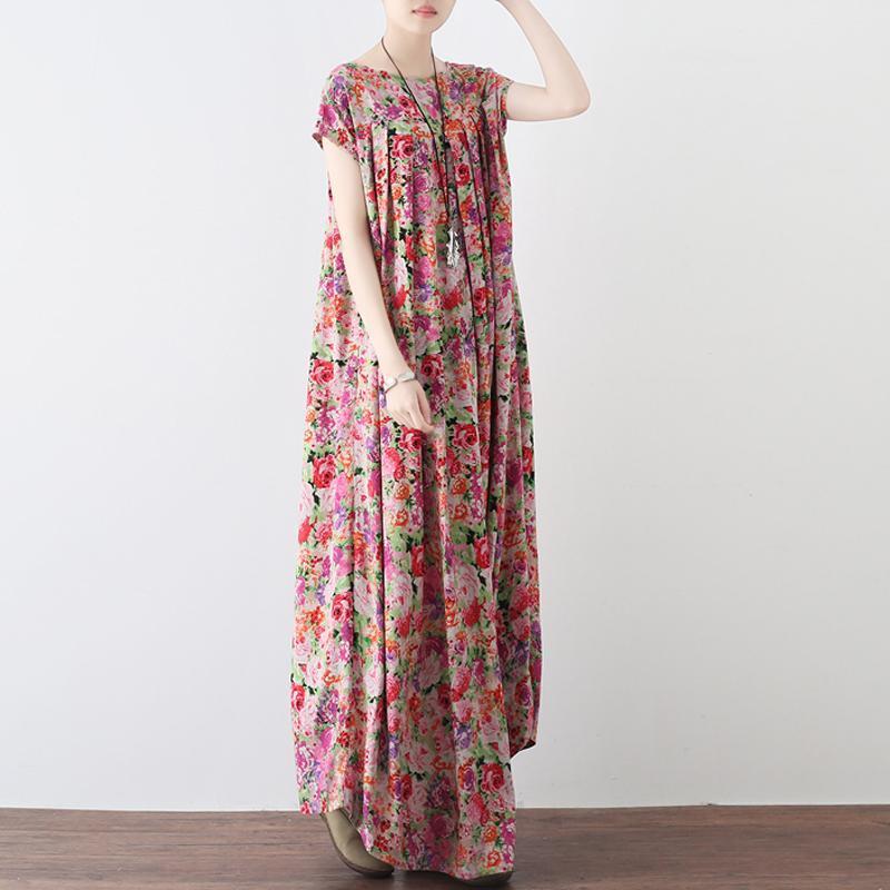 Women Retro Floral Gathered Casual Linen Maxi Short Sleeve Dress