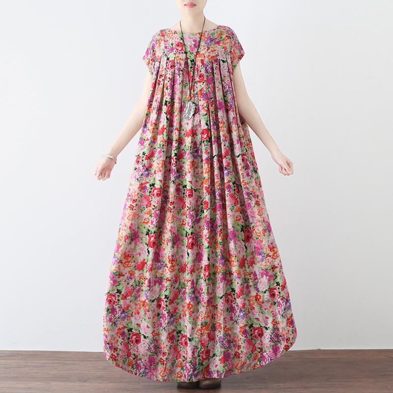 Women Retro Floral Gathered Casual Linen Maxi Short Sleeve Dress