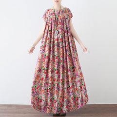 Women Retro Floral Gathered Casual Linen Maxi Short Sleeve Dress