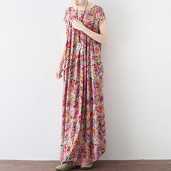 Women Retro Floral Gathered Casual Linen Maxi Short Sleeve Dress