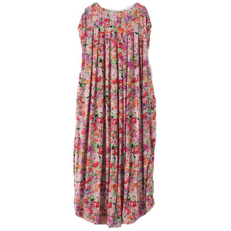 Women Retro Floral Gathered Casual Linen Maxi Short Sleeve Dress