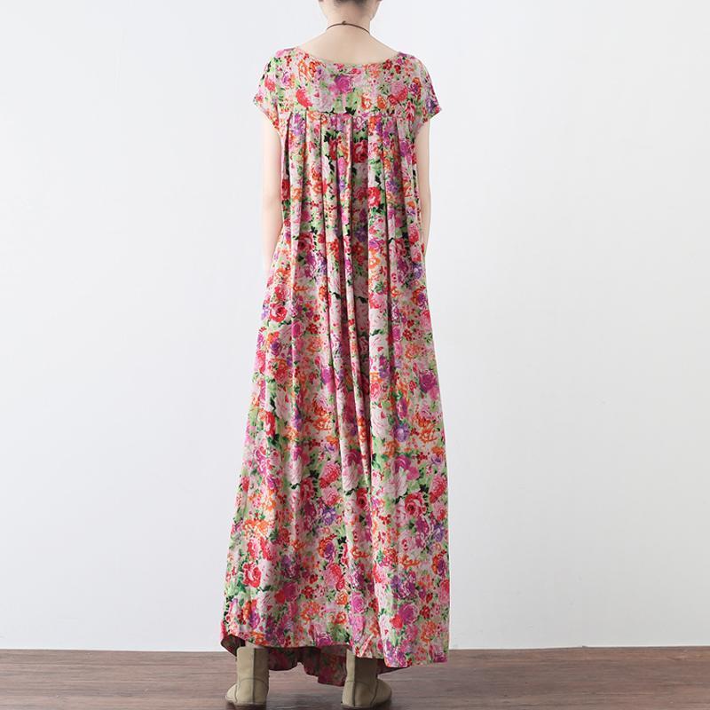 Women Retro Floral Gathered Casual Linen Maxi Short Sleeve Dress