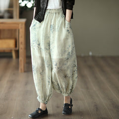 Women Retro Floral Summer Loose Linen Pants