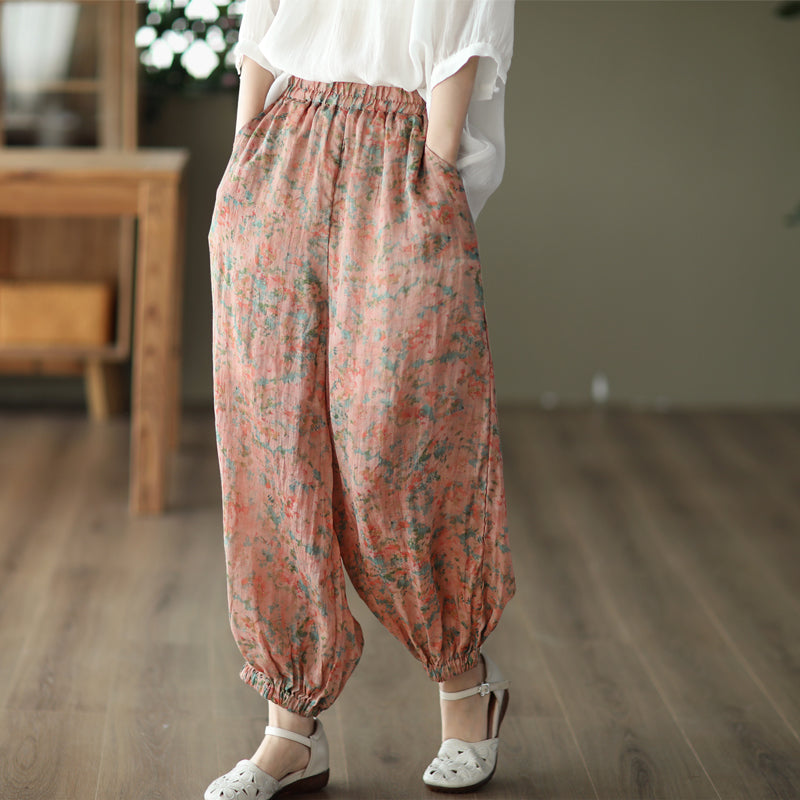 Women Retro Floral Summer Loose Linen Pants