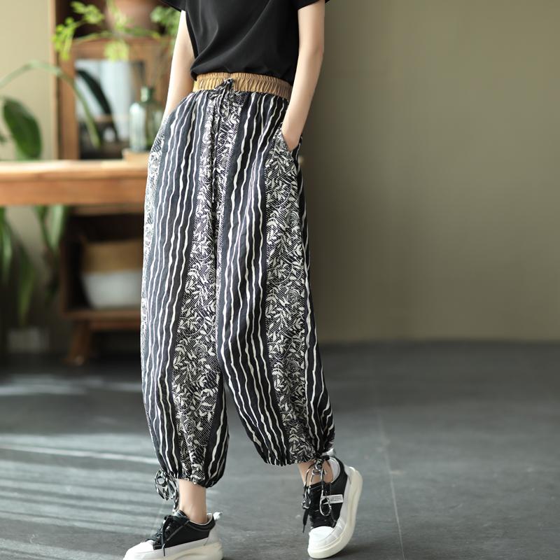 Women Retro Floral Thin Cotton Linen Casual Pants