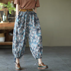 Women Retro Floral Thin Cotton Linen Casual Pants