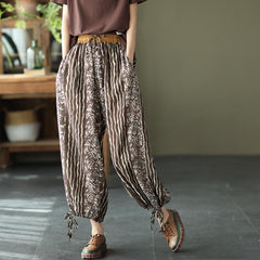 Women Retro Floral Thin Cotton Linen Casual Pants