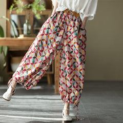 Women Retro Floral Thin Cotton Linen Casual Pants