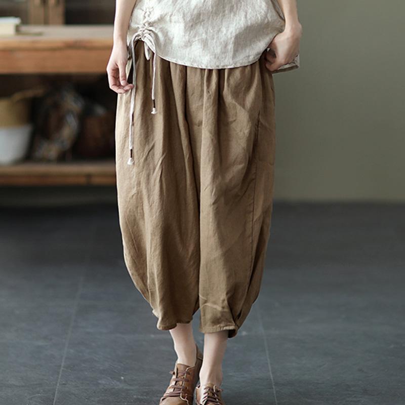 Women Retro Linen Elastic Waist Loose Pants