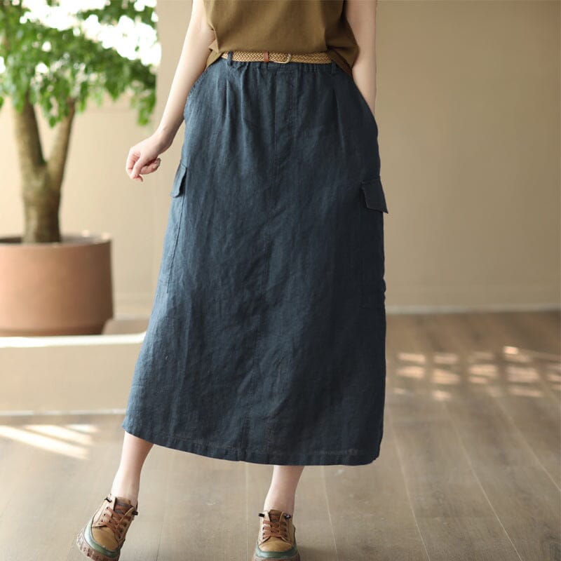 Women Retro Linen Spring Split A-Line Skirt