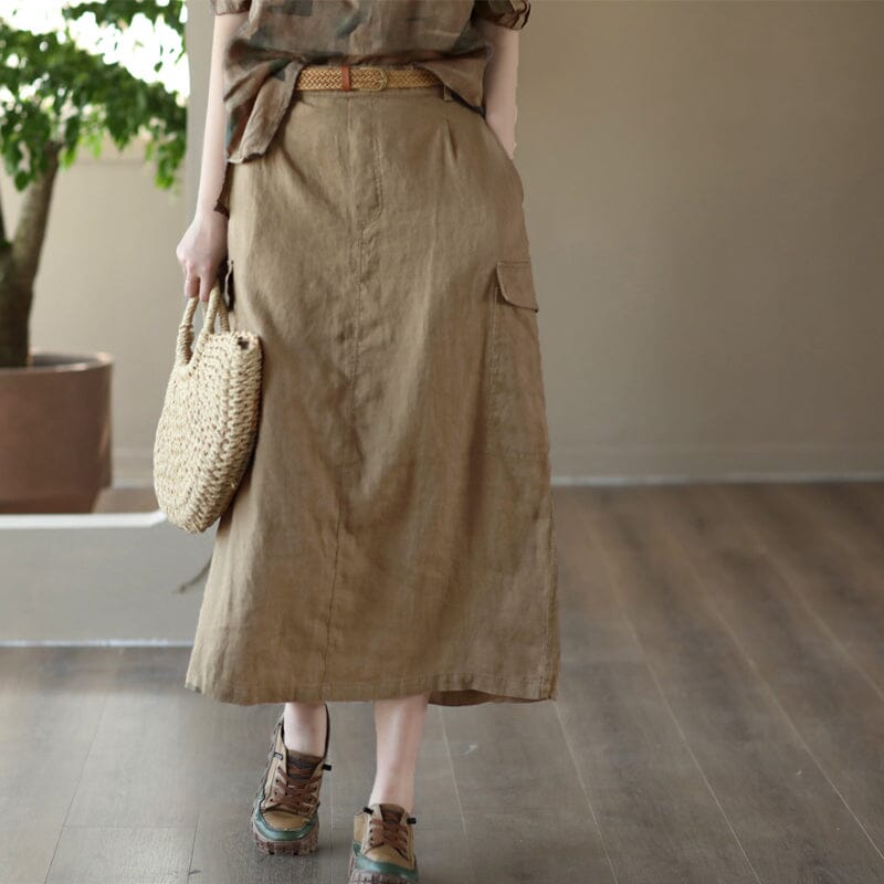 Women Retro Linen Spring Split A-Line Skirt