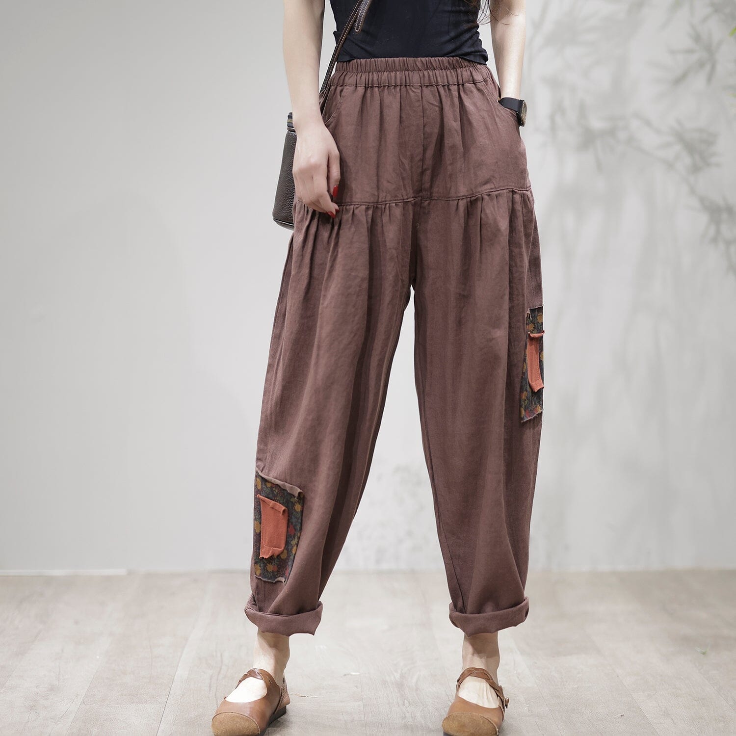 Women Retro Loose Linen Patchwork Harem Pants