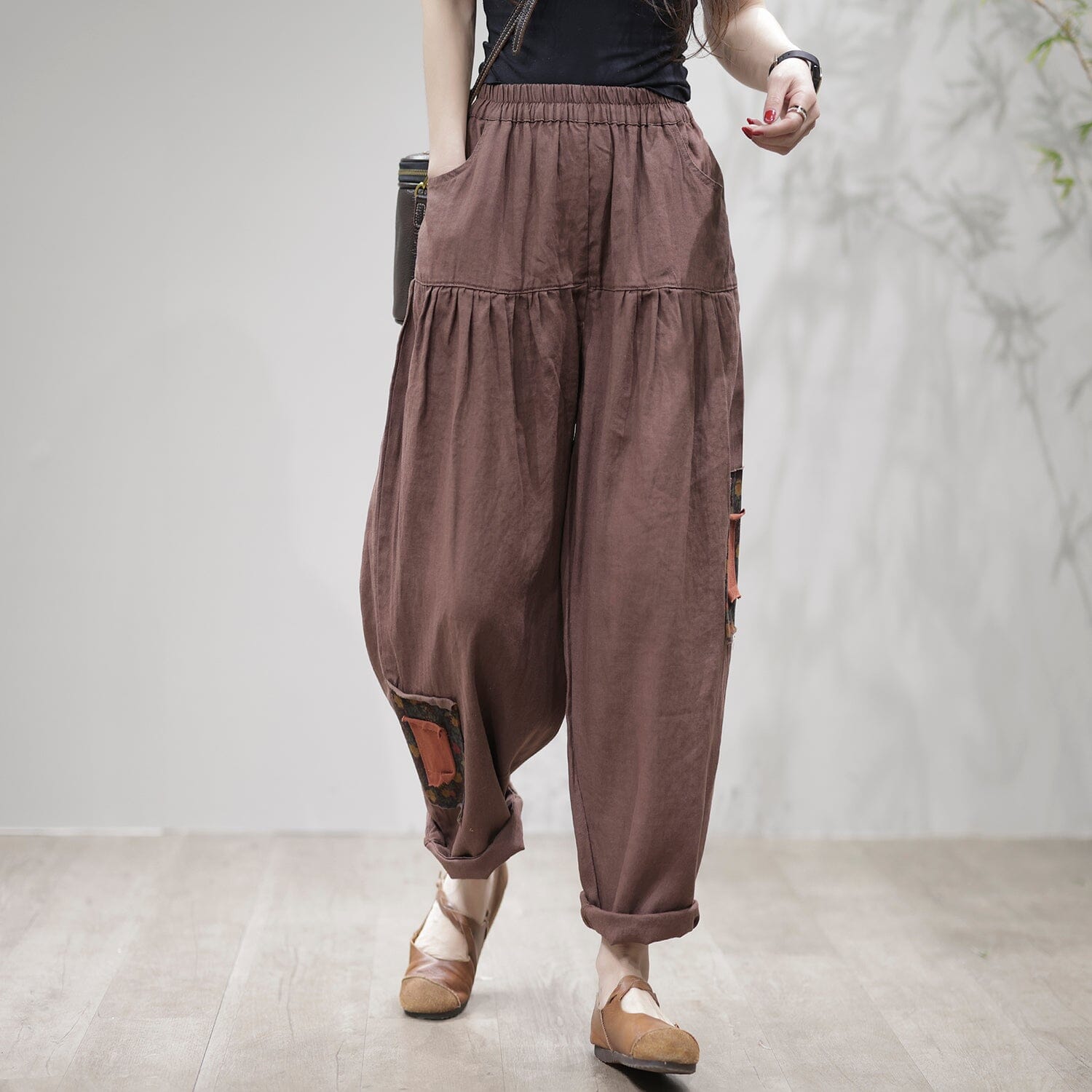 Women Retro Loose Linen Patchwork Harem Pants