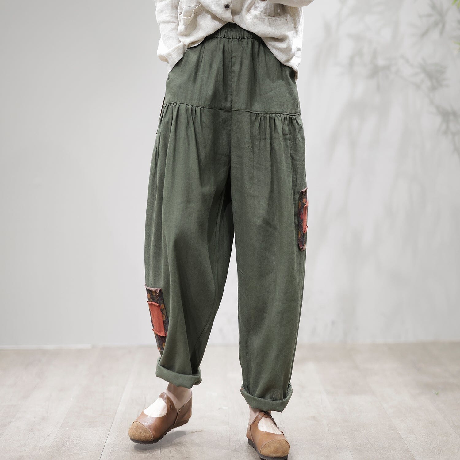 Women Retro Loose Linen Patchwork Harem Pants