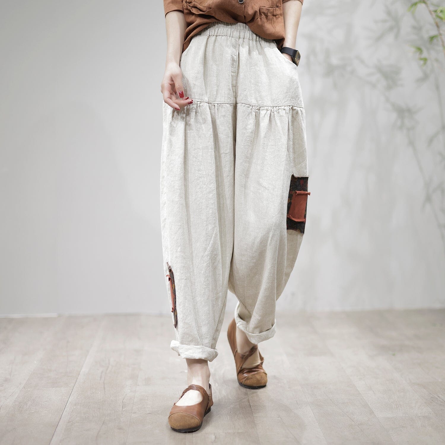 Women Retro Loose Linen Patchwork Harem Pants