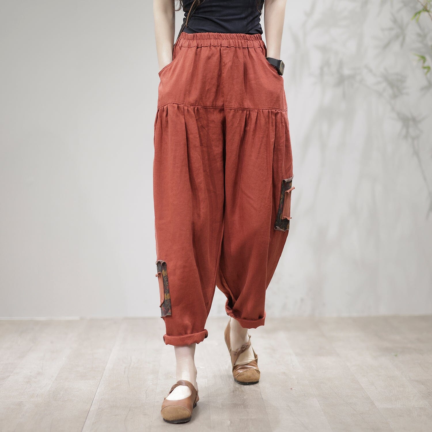 Women Retro Loose Linen Patchwork Harem Pants