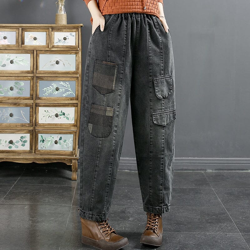 Frauen Retro Lose Patchwork Baumwolle Harem Jeans