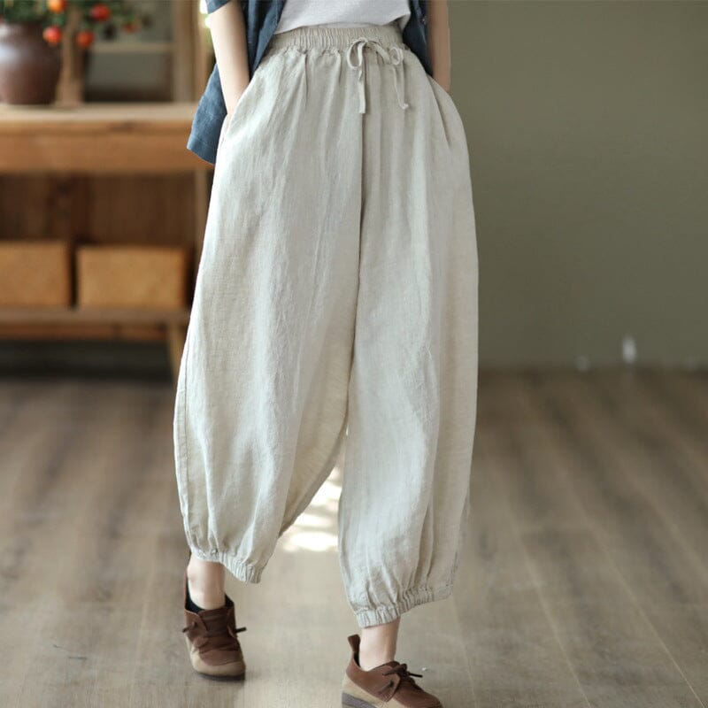 Women Retro Loose Solid Linen Harem Pants