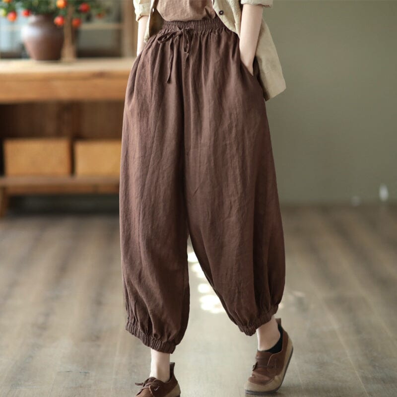 Women Retro Loose Solid Linen Harem Pants