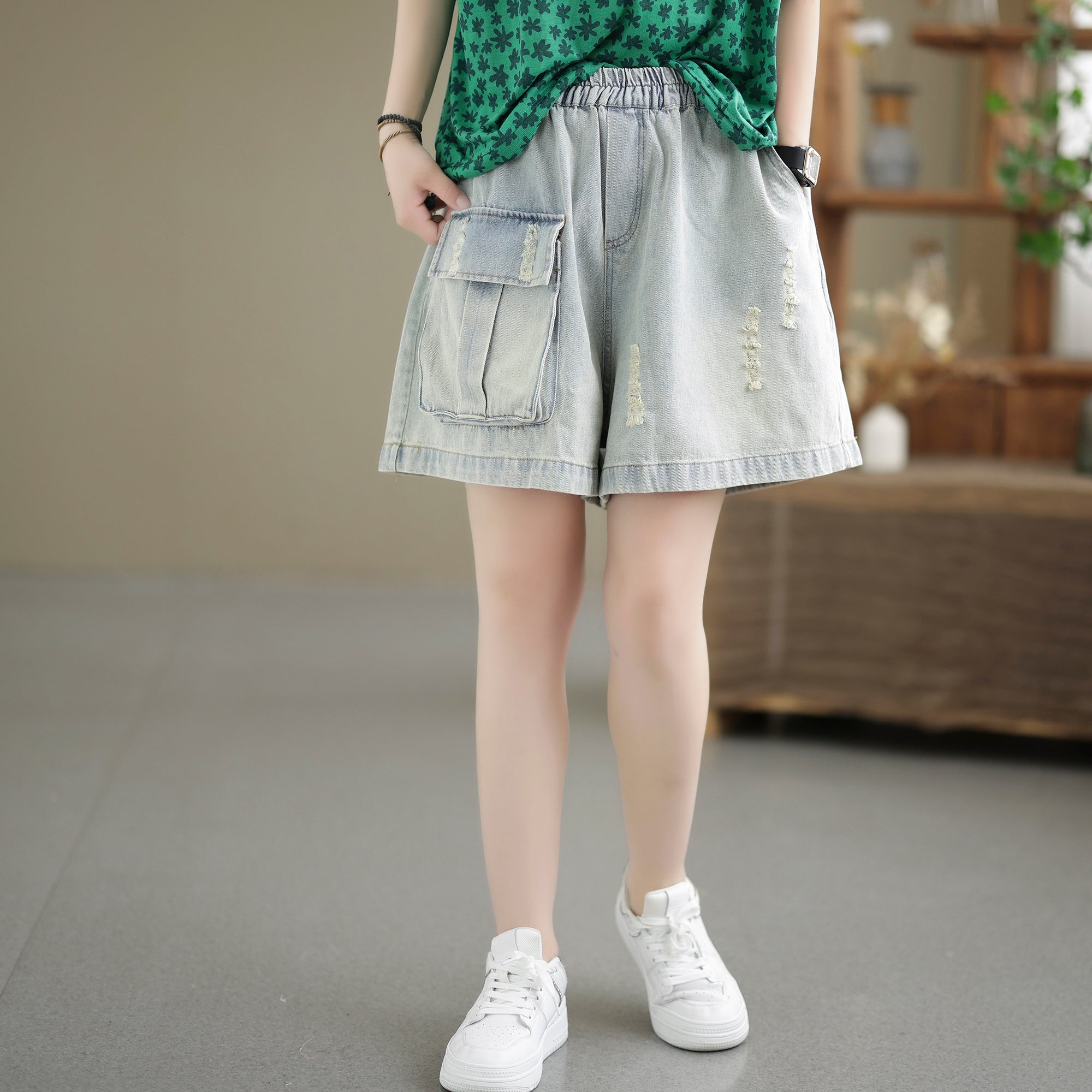 Women Retro Loose Summer Cotton Denim Shorts