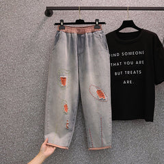 Women Retro Ripped Spring Autumn Harem Cotton Jeans