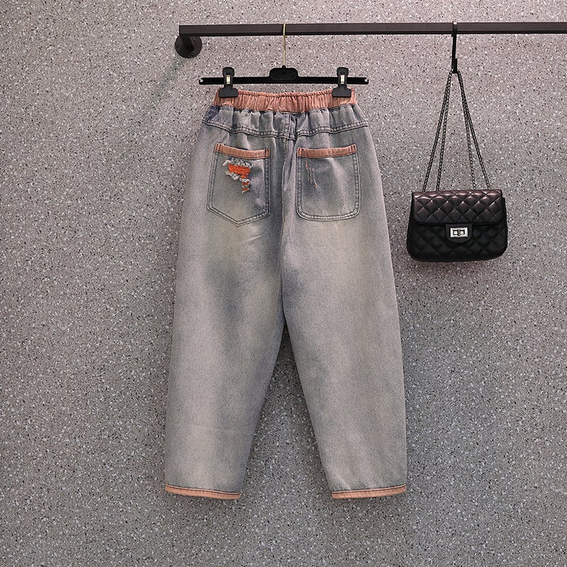 Women Retro Ripped Spring Autumn Harem Cotton Jeans