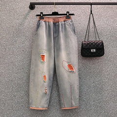 Women Retro Ripped Spring Autumn Harem Cotton Jeans