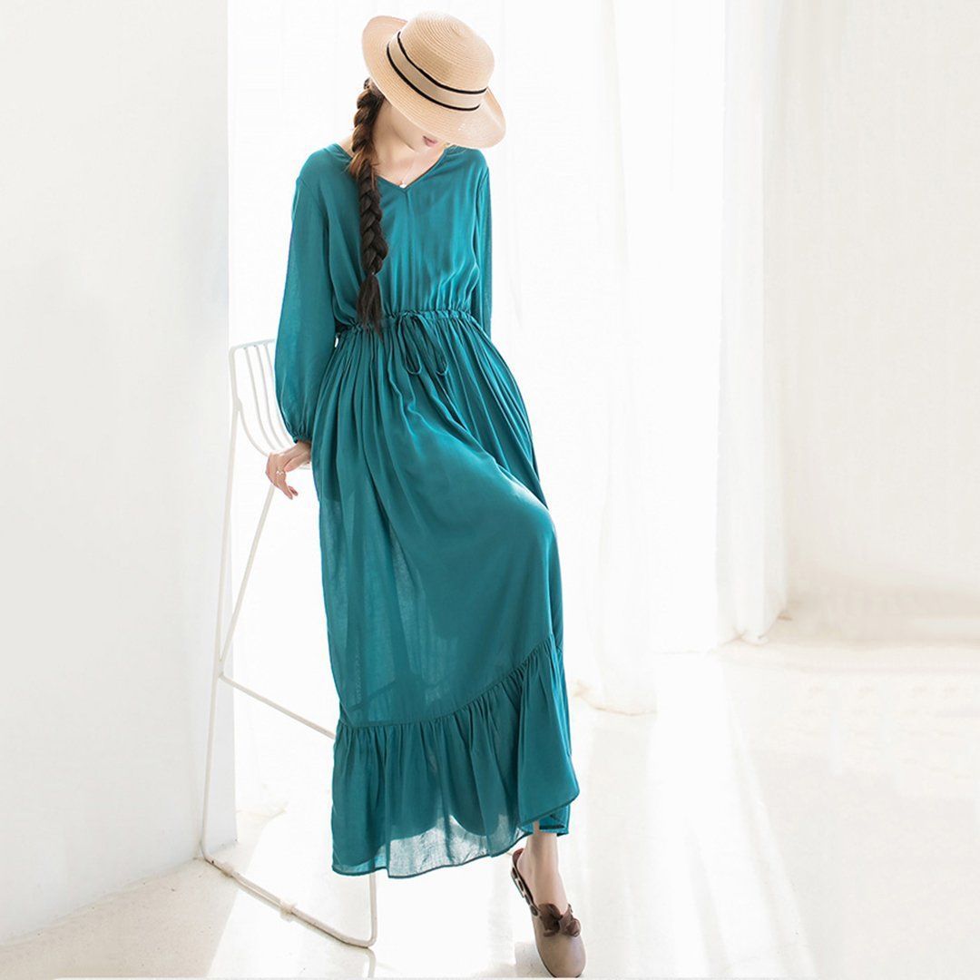 Women Retro Solid Drawstring Waist Ruched Dress