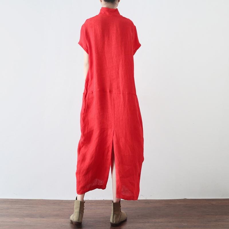 Women Solid Buttoned Linen Slit V-Neck Maxi Short Sleeve Dress