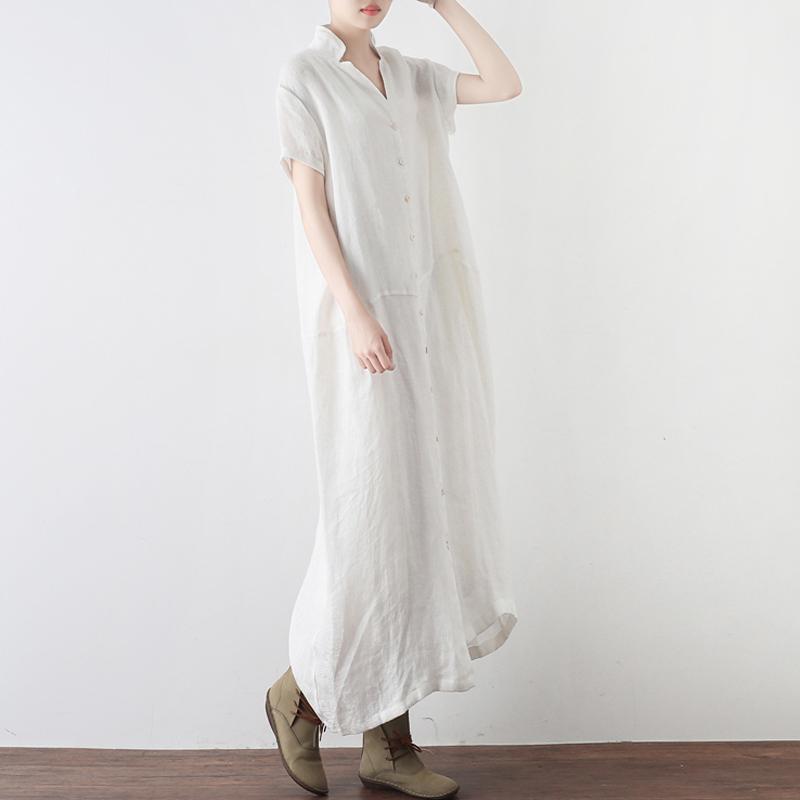 Women Solid Buttoned Linen Slit V-Neck Maxi Short Sleeve Dress