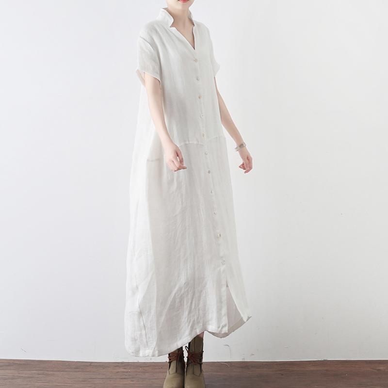 Women Solid Buttoned Linen Slit V-Neck Maxi Short Sleeve Dress