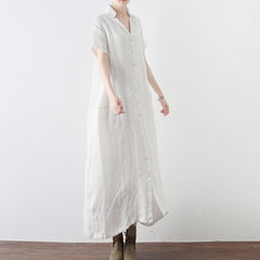 Women Solid Buttoned Linen Slit V-Neck Maxi Short Sleeve Dress