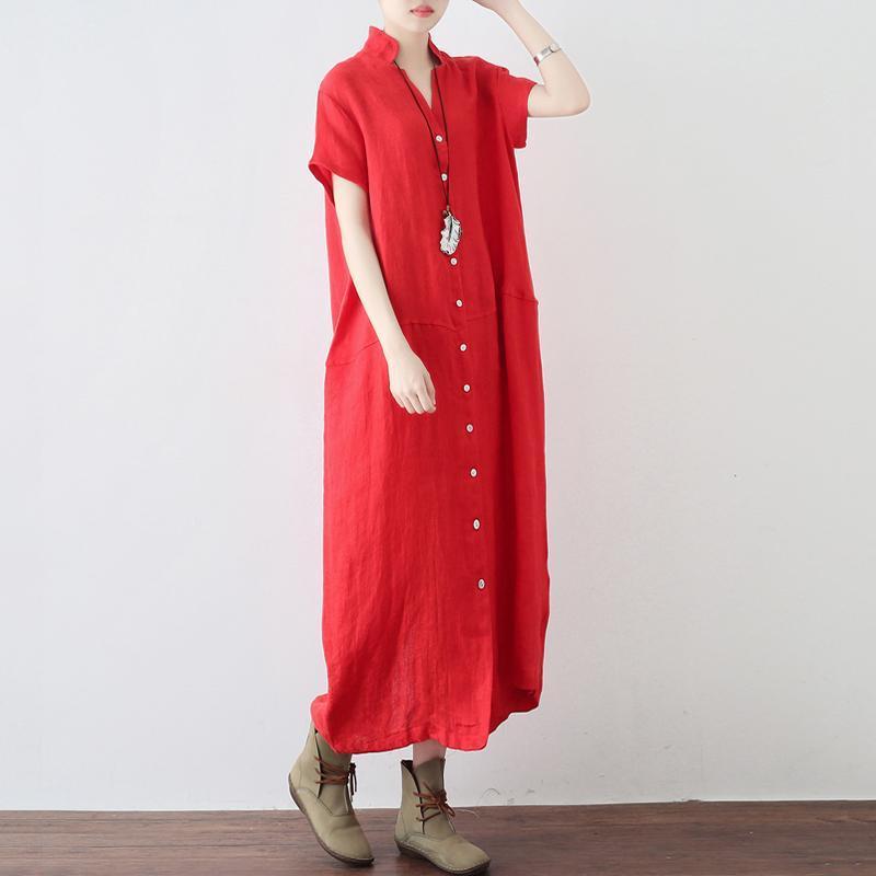 Women Solid Buttoned Linen Slit V-Neck Maxi Short Sleeve Dress