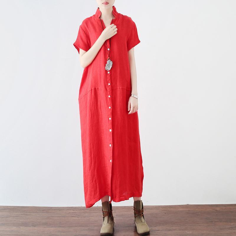 Women Solid Buttoned Linen Slit V-Neck Maxi Short Sleeve Dress