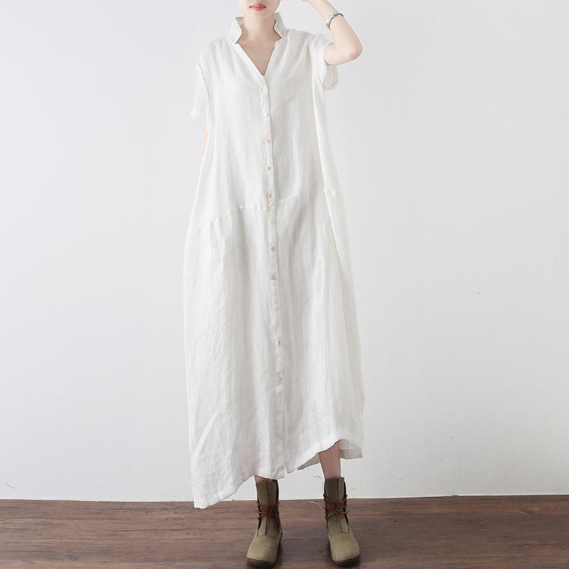 Women Solid Buttoned Linen Slit V-Neck Maxi Short Sleeve Dress