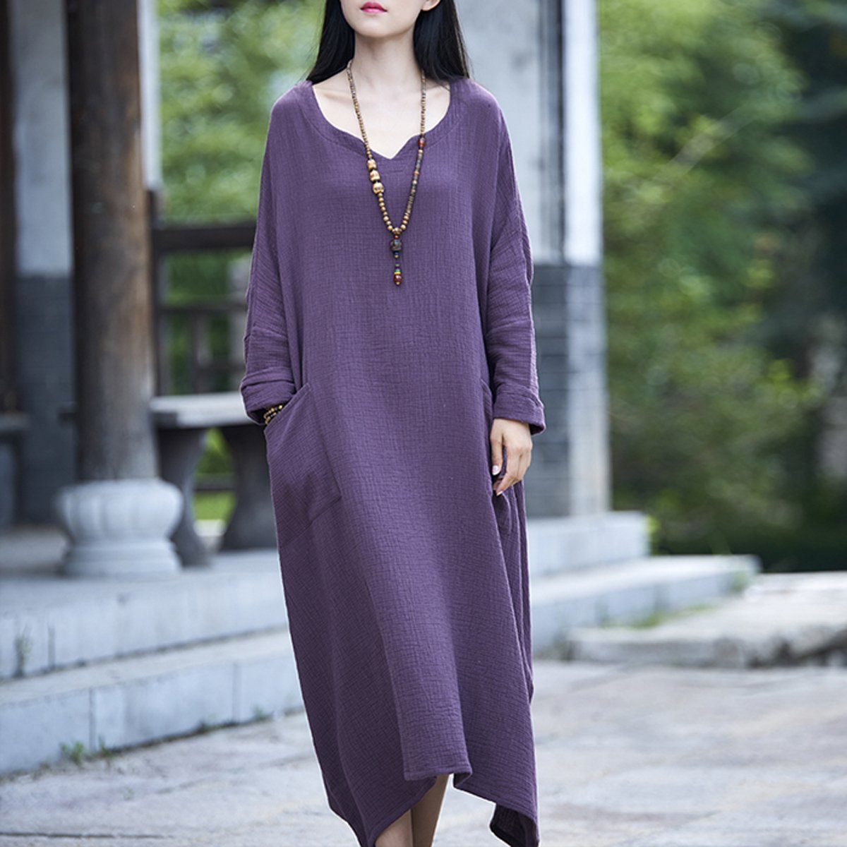 Women Solid Casual Big Pockets Loose Maxi Long Sleeve Dress