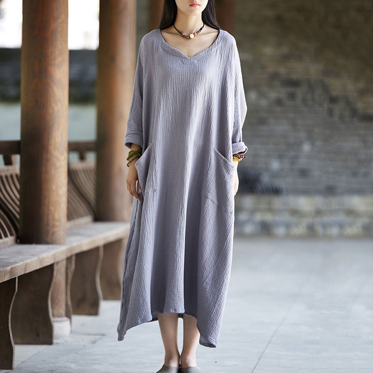 Women Solid Casual Big Pockets Loose Maxi Long Sleeve Dress