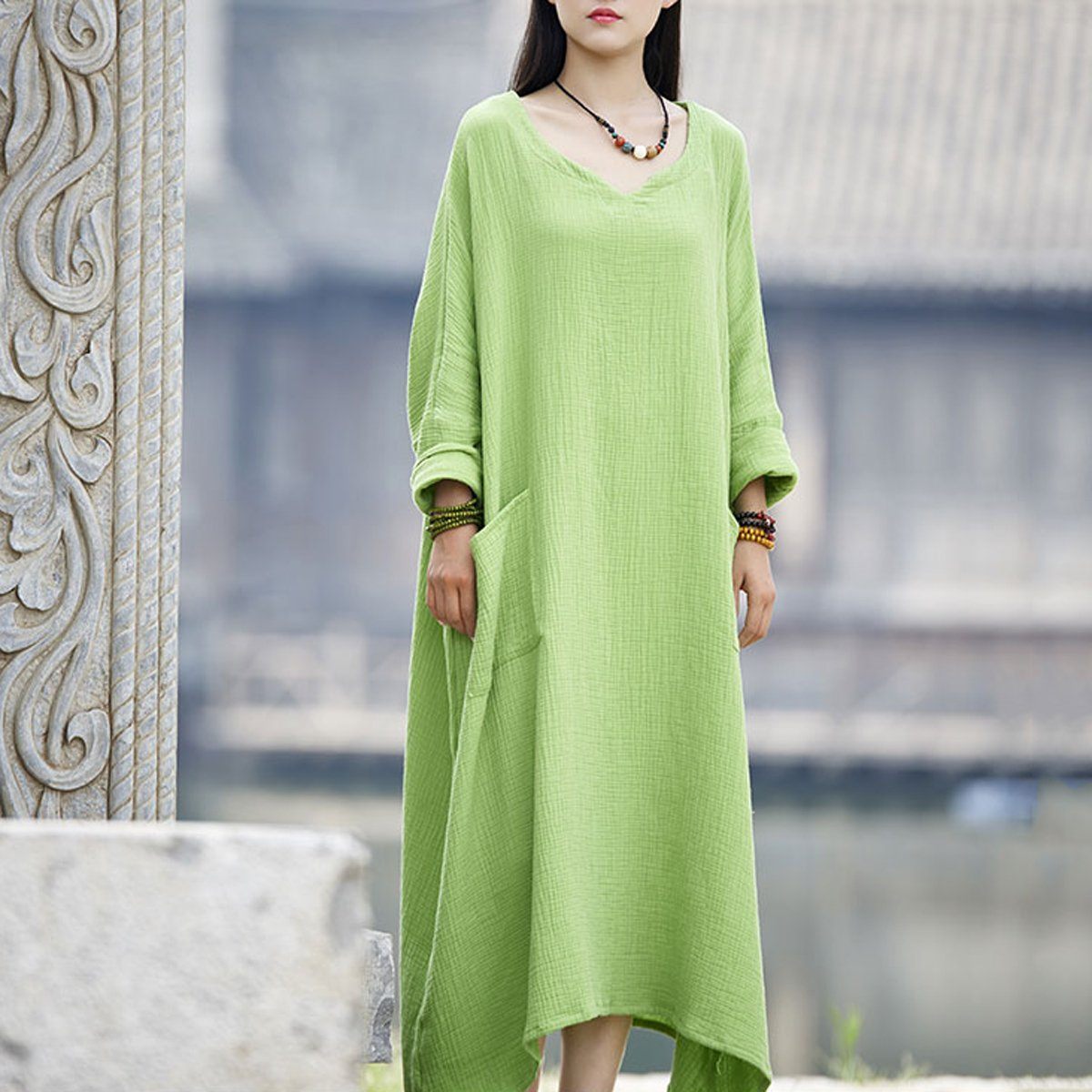 Women Solid Casual Big Pockets Loose Maxi Long Sleeve Dress