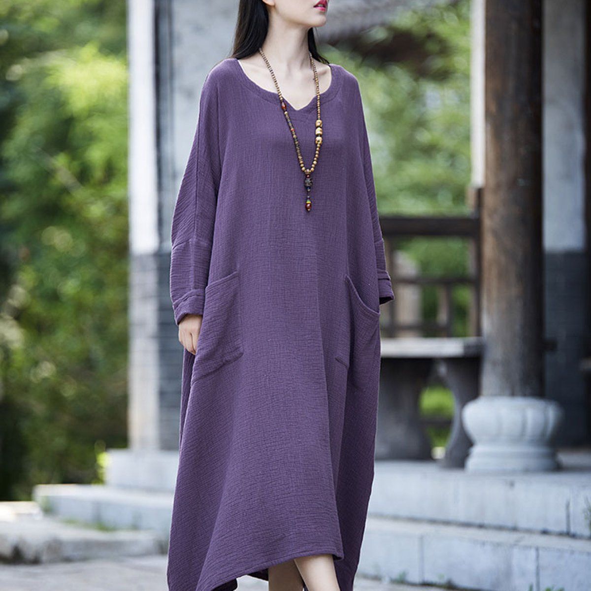 Women Solid Casual Big Pockets Loose Maxi Long Sleeve Dress