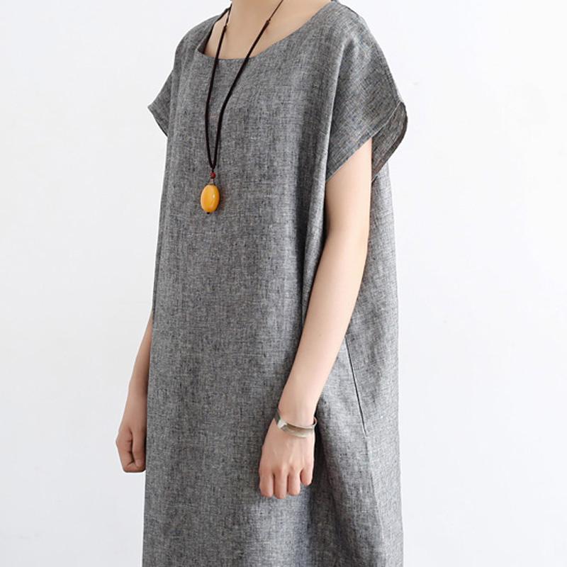 Women Solid Casual Summer Cotton Linen Short Sleeve Dress