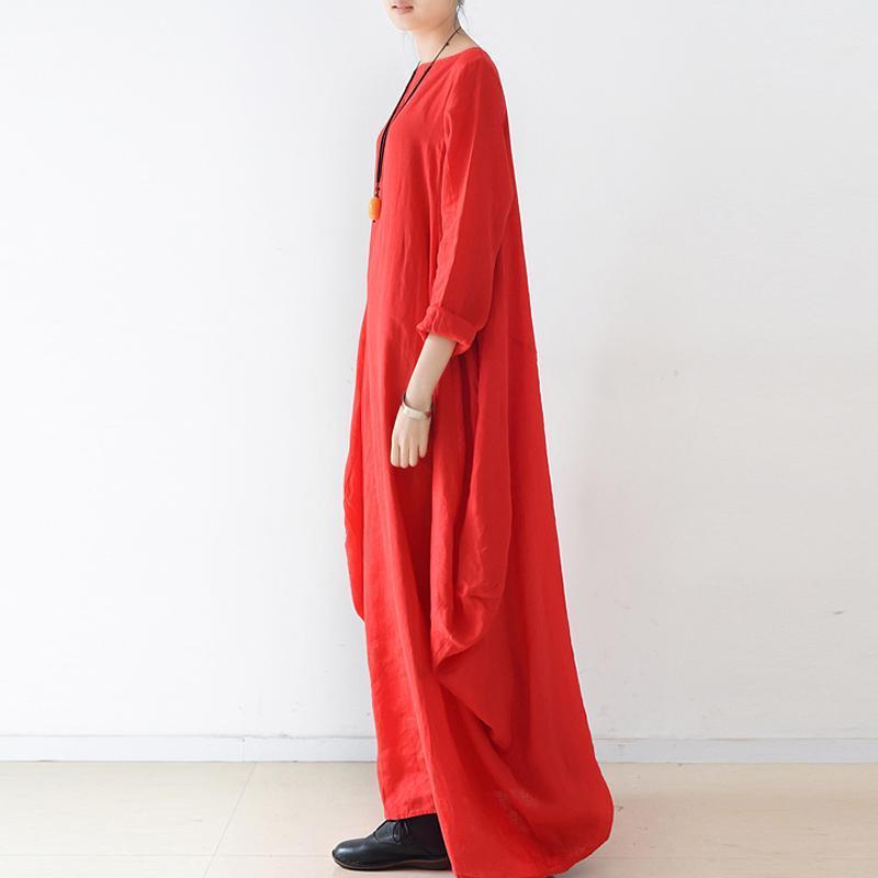 Women Solid Cocoon Casual Loose Linen Maxi Long Sleeve Dress