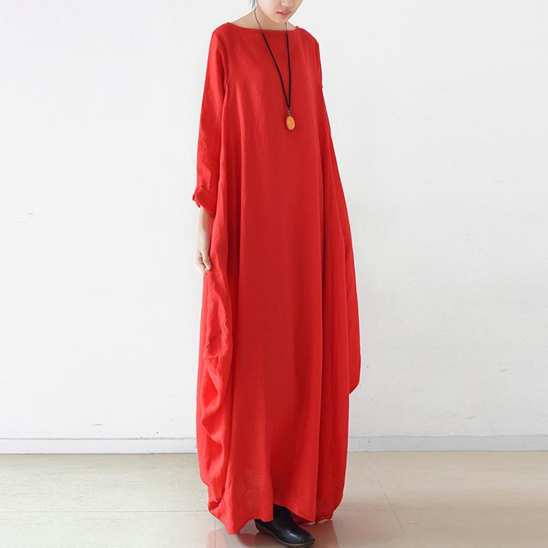 Women Solid Cocoon Casual Loose Linen Maxi Long Sleeve Dress