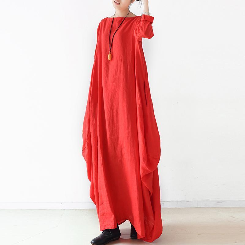 Women Solid Cocoon Casual Loose Linen Maxi Long Sleeve Dress