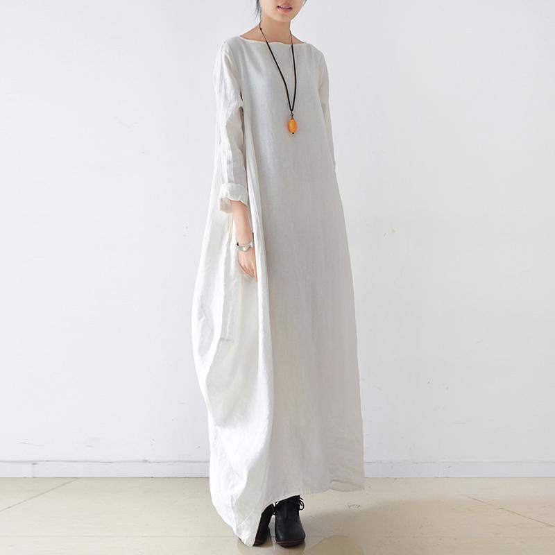 Women Solid Cocoon Casual Loose Linen Maxi Long Sleeve Dress