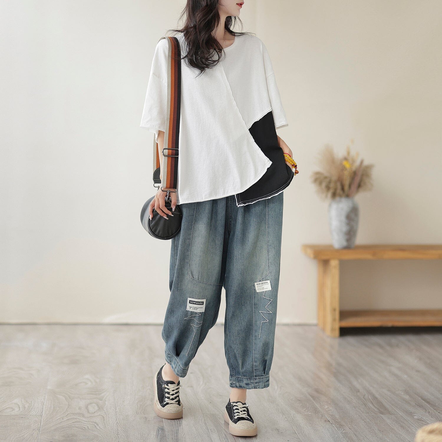 Women Spring Casual Patchwork Cotton Harem Jeans