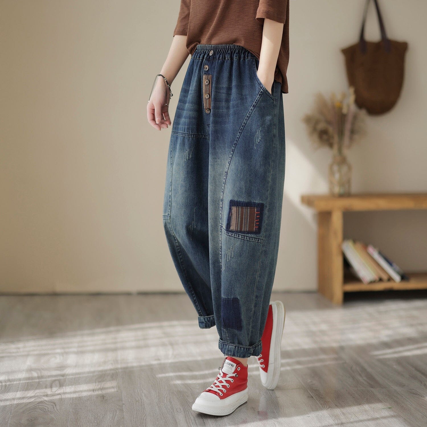 Women Spring Casual Patchwork Loose Cotton Jeans