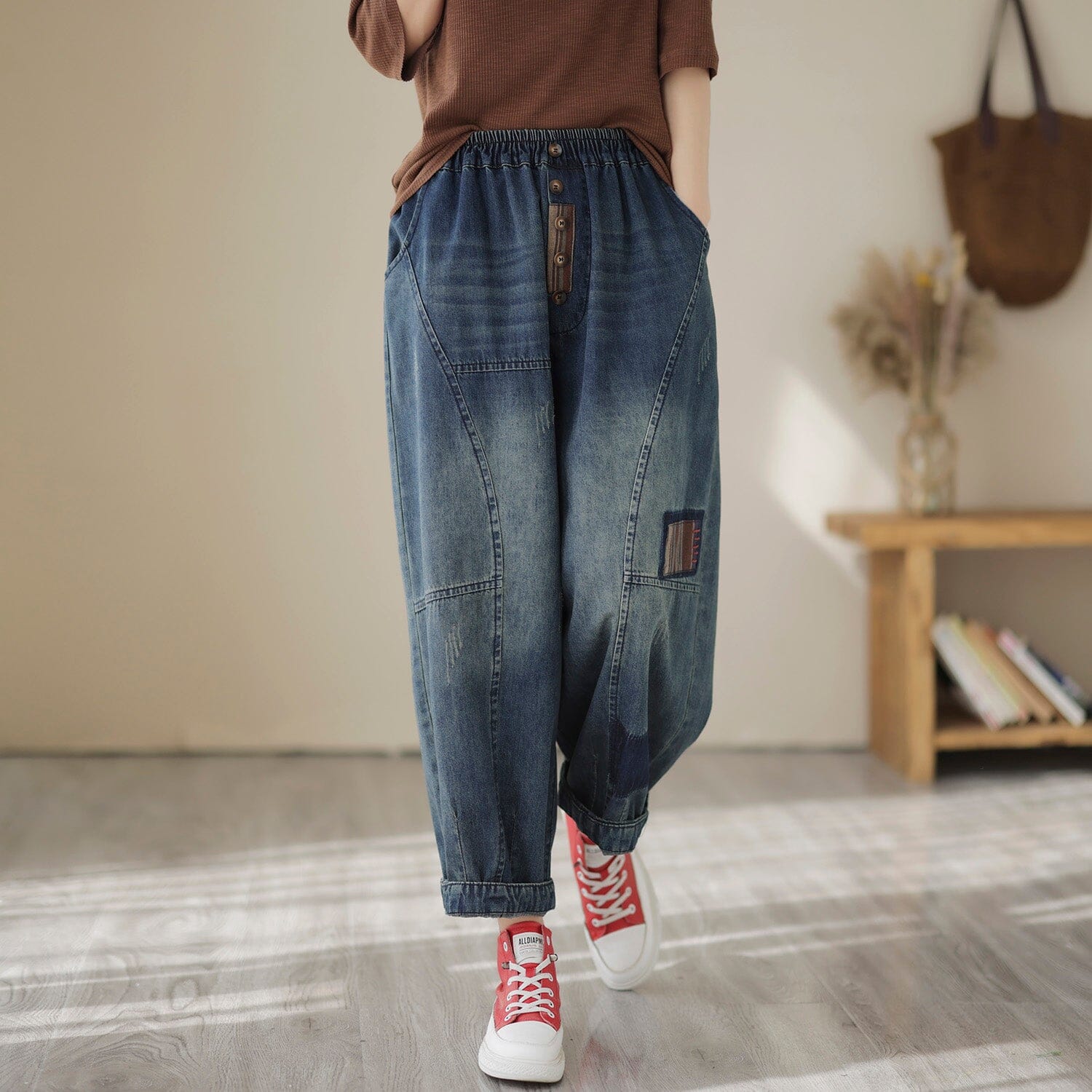 Women Spring Casual Patchwork Loose Cotton Jeans